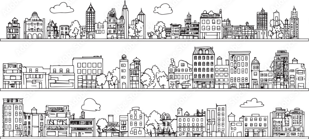 City landscape. Line urban backdrop. Skyline with clouds, different buildings on street, doodle street draw, outline cityscape hand sketch, flat houses. Hand drawn vector illustration City landscape. Line urban backdrop. Skyline with clouds, different buildings on street, doodle street draw, outline cityscape hand sketch, flat houses. Hand drawn vector illustration