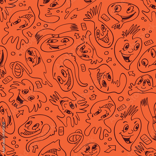 Seamless background with funny faces of anthropomorphic creatures. Humorous characters with different emotions