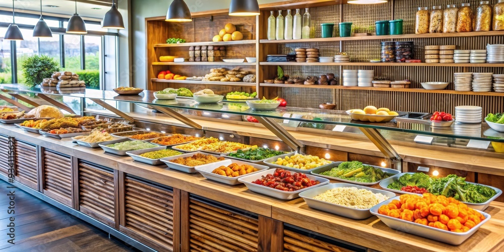 Fototapeta premium A Buffet Spread of Fresh and Delicious Food with Wooden Shelving, Wide Variety of Dishes, Food Presentation, Restaurant , Buffet , Food , Cuisine