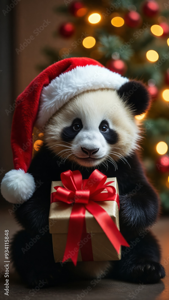 A panda wearing Santa Claus hat in front of a Christmas tree holding a present A panda wearing Santa Claus hat in front of a Christmas tree holding a present