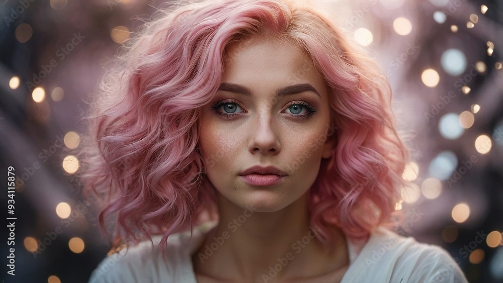 A young woman with pink curly hair gazes thoughtfully at the camera, surrounded by a soft, blurred background illuminated by warm lights during an evening setting A young woman with pink curly hair gazes thoughtfully at the camera, surrounded by a soft, blurred background illuminated by warm lights during an evening setting