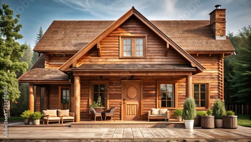 A cozy wooden cabin with a welcoming front porch and garden.