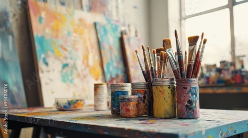 Artist's Workshop - Paintbrushes and Canvases Ready for Creativity - A rustic wooden table with paintbrushes in jars and paint cans, canvases leaning against a wall, symbolizing art supplies, creativi