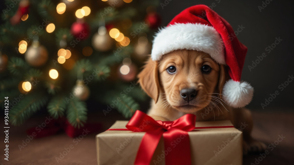 A puppy wearing Santa Claus hat in front of a Christmas tree holding a present A puppy wearing Santa Claus hat in front of a Christmas tree holding a present