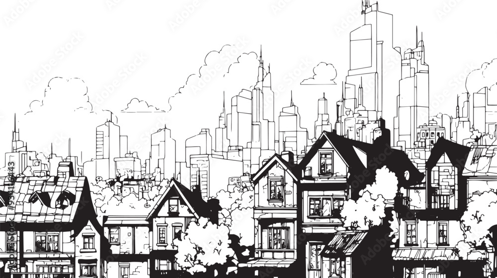 Fototapeta premium City landscape. Line urban backdrop. Skyline with clouds, different buildings on street, doodle street draw, outline cityscape hand sketch, flat houses. Hand drawn vector illustration
