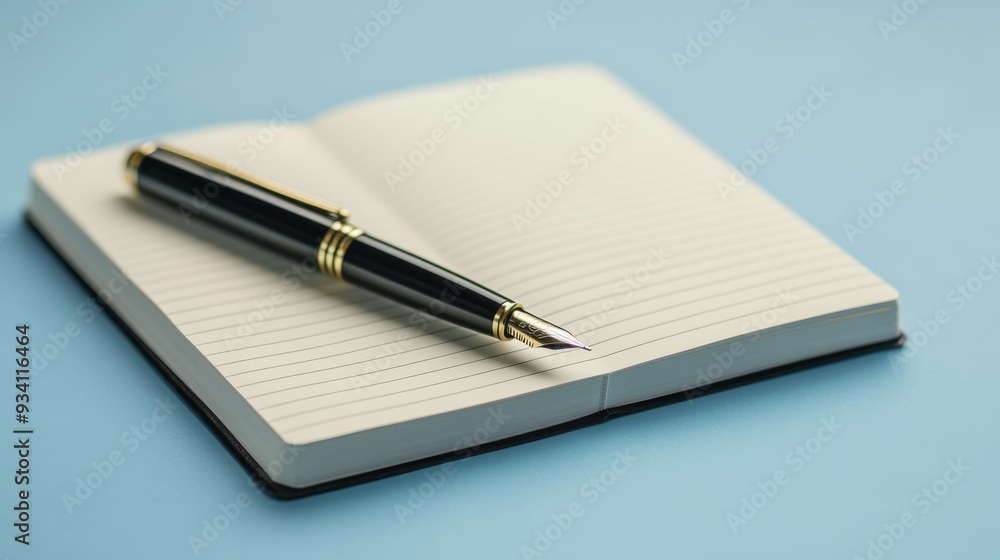 Open notebook with pen on workspace Open notebook with pen on workspace