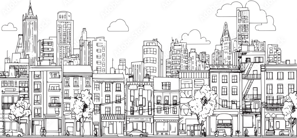 Fototapeta premium City landscape. Line urban backdrop. Skyline with clouds, different buildings on street, doodle street draw, outline cityscape hand sketch, flat houses. Hand drawn vector illustration