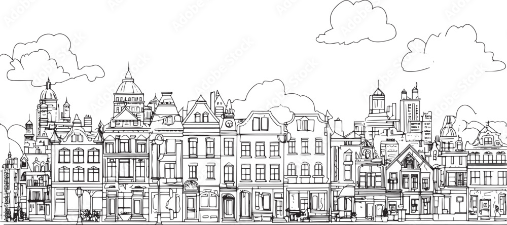 Obraz premium City landscape. Line urban backdrop. Skyline with clouds, different buildings on street, doodle street draw, outline cityscape hand sketch, flat houses. Hand drawn vector illustration