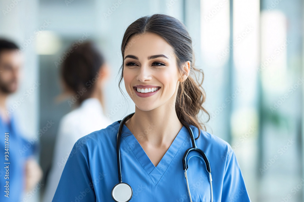 A smiling woman in a blue scrubs is wearing a stethoscope. She is smiling and she is happy A smiling woman in a blue scrubs is wearing a stethoscope. She is smiling and she is happy