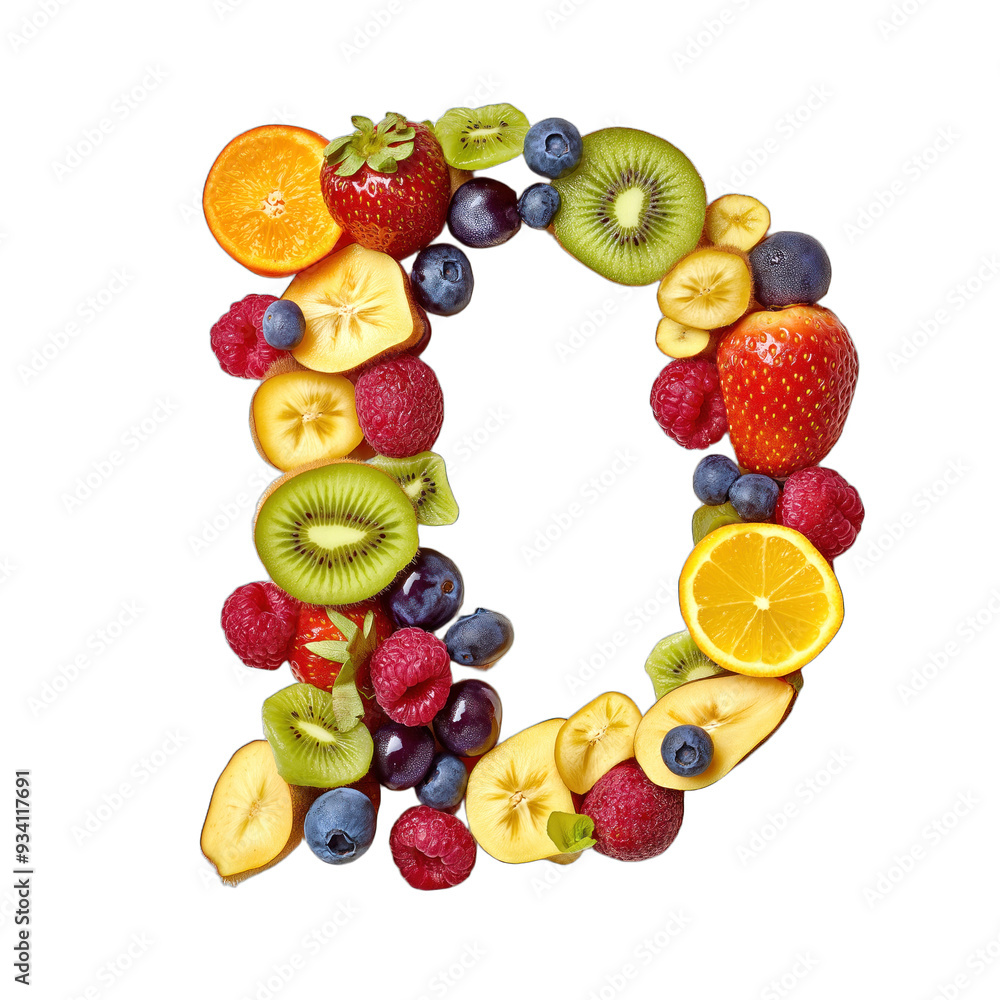 A fruit salad is used to spell out the letter D isolated on transparent or white background A fruit salad is used to spell out the letter D isolated on transparent or white background