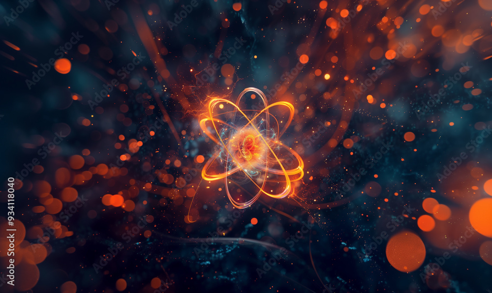 A luminous atom surrounded by energetic particle streams, set against a dark, cosmic background, symbolizing the power and mystery of atomic energy in a futuristic, abstract design A luminous atom surrounded by energetic particle streams, set against a dark, cosmic background, symbolizing the power and mystery of atomic energy in a futuristic, abstract design