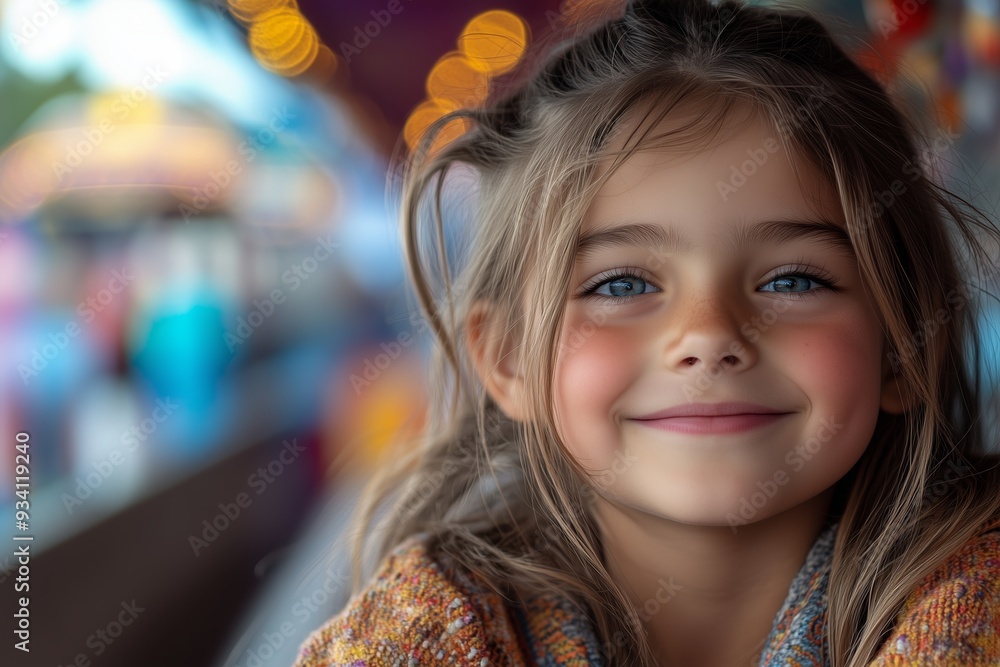 Fototapeta premium Young girl smiling happily at a carnival with colorful lights and blurred attractions in the background during evening festivities