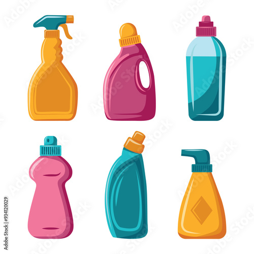 A set of bottles with cleaning products of different colors and shapes