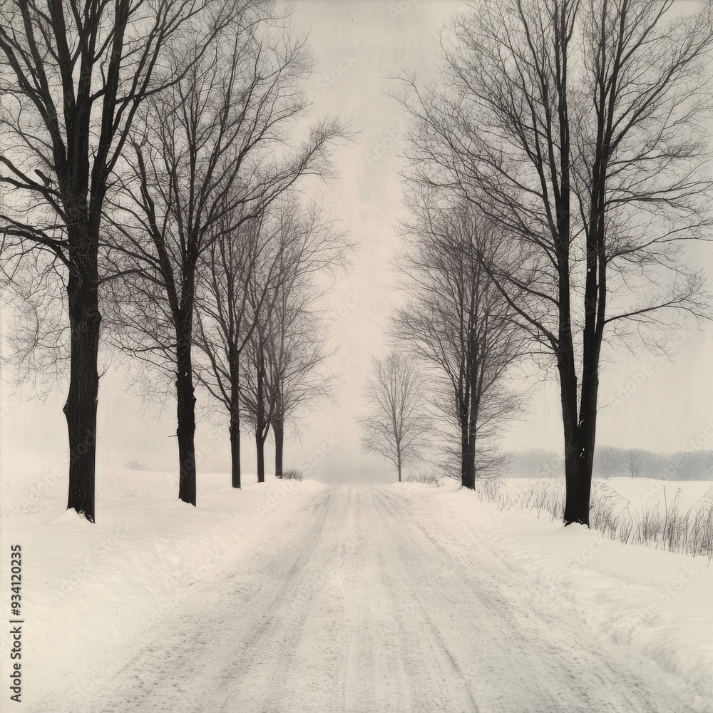 Snow-covered road winding through a quiet winter landscape with bare trees lining the sides, gray overcast sky above Snow-covered road winding through a quiet winter landscape with bare trees lining the sides, gray overcast sky above