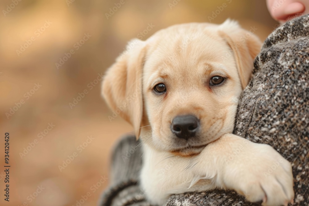 Heartwarming photo of a young golden retriever puppy resting its head on the shoulder of a person. theme of love, companionship, and comfort. defocus Heartwarming photo of a young golden retriever puppy resting its head on the shoulder of a person. theme of love, companionship, and comfort. defocus