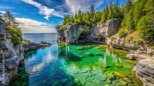 Majestic Bruce Peninsula limestone cliffs surround a serene turquoise pool of water in The Grotto, a natural sea cave in Tobermory, Ontario, Canada.