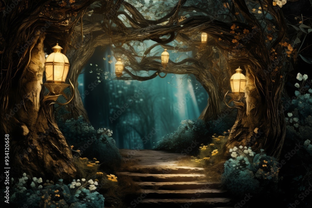 Obraz premium Enchanted Forest Path with Glowing Lanterns - Fantasy Landscape