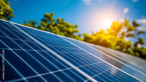 Solar panels on a house roof with sun shining, representing green energy