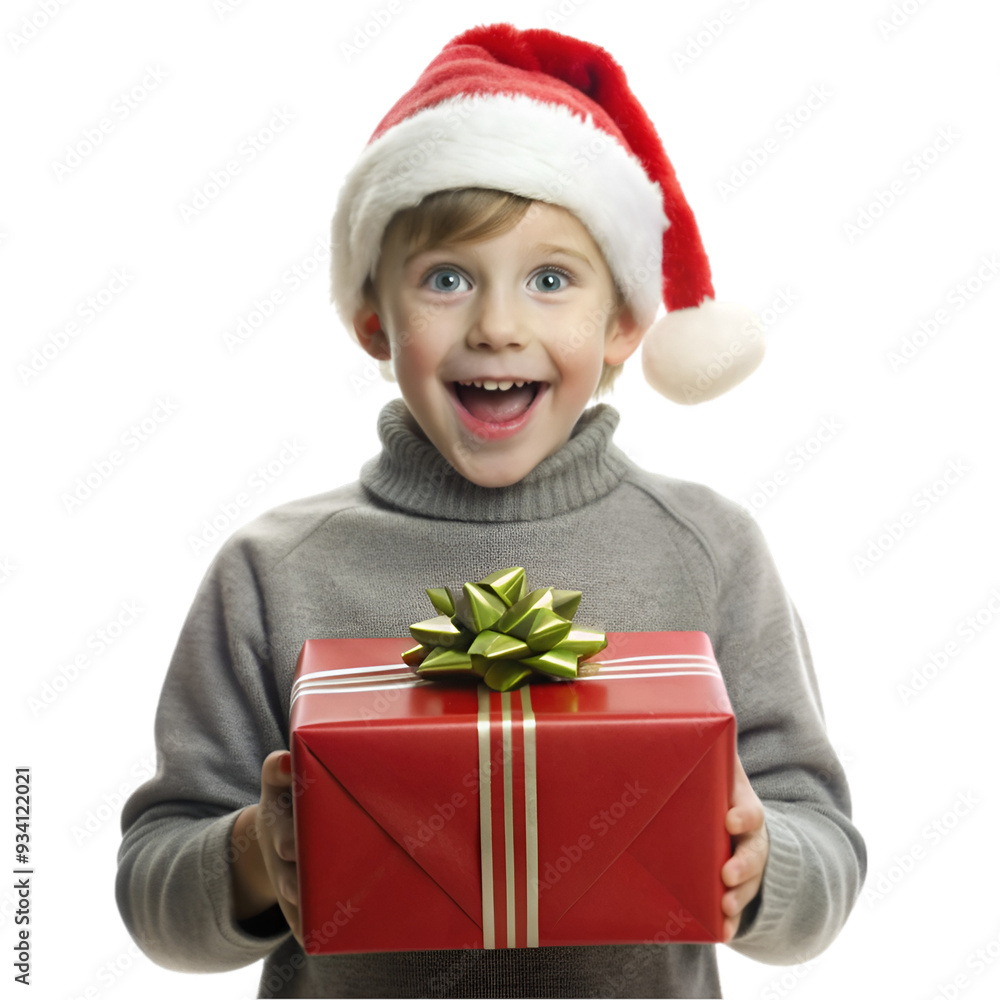 Happy child in red sweater and Santa hat holding Christmas present Happy child in red sweater and Santa hat holding Christmas present