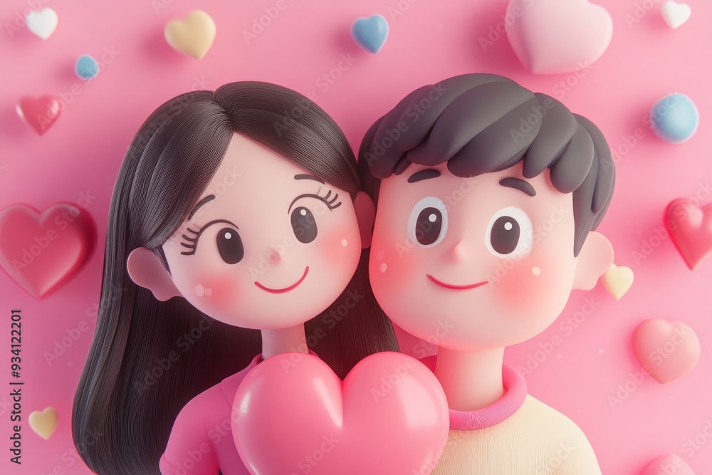 Cute Cartoon Couple Holding Heart on Pink Background - A charming 3D illustration of a happy couple surrounded by colorful hearts symbolizing love, affection, connection, joy, and celebration. Cute Cartoon Couple Holding Heart on Pink Background - A charming 3D illustration of a happy couple surrounded by colorful hearts symbolizing love, affection, connection, joy, and celebration.