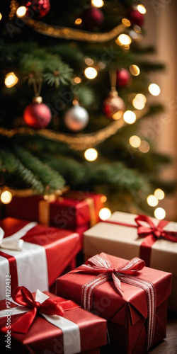 A cozy living room adorned with a festive Christmas tree, decorated with sparkling lights and colorful baubles, surrounded by a variety of thoughtfully wrapped gift boxes waiting to be opened. AI art