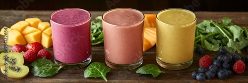 Delicious and Healthy Smoothie Trio with Fresh Fruit and Greens - A close-up of three colorful smoothies, symbolizing a healthy lifestyle, vibrant flavors, fresh ingredients, natural goodness, and a b photo