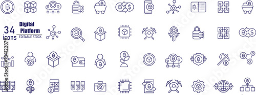 Digital Platform icon set with algorithm, analytics, 