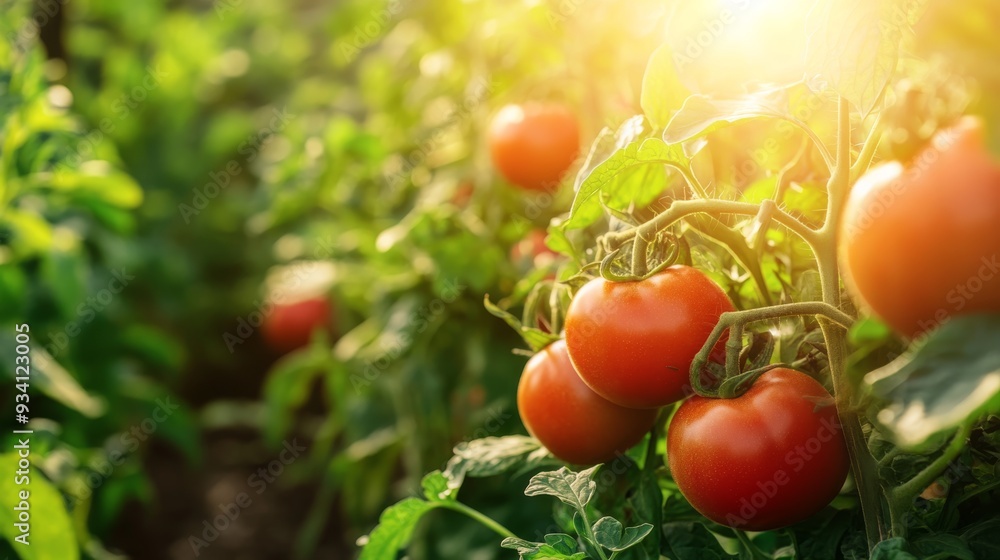 Vibrant organic vegetable garden showcasing ripe tomatoes, peppers, and leafy greens with sunlight filtering through the leaves. Vibrant organic vegetable garden showcasing ripe tomatoes, peppers, and leafy greens with sunlight filtering through the leaves.