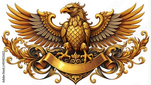 Majestic golden eagle perched atop a shield-shaped crest, adorned with intricate scrollwork and regal ribbons, symbolizing strength, courage, and nobility in a nostalgic illustration. photo