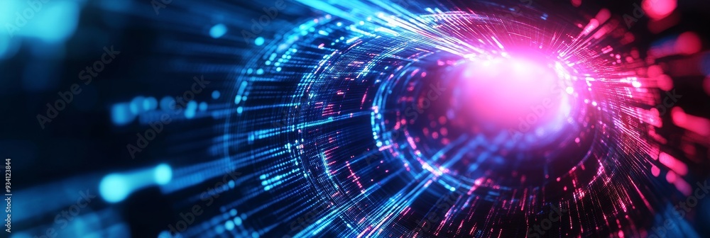 Obraz premium Digital Tunnel of Light: Futuristic Data Flow Concept - A dynamic abstract representation of digital data flow, symbolizing speed, connectivity, innovation, future technology, and the flow of informat