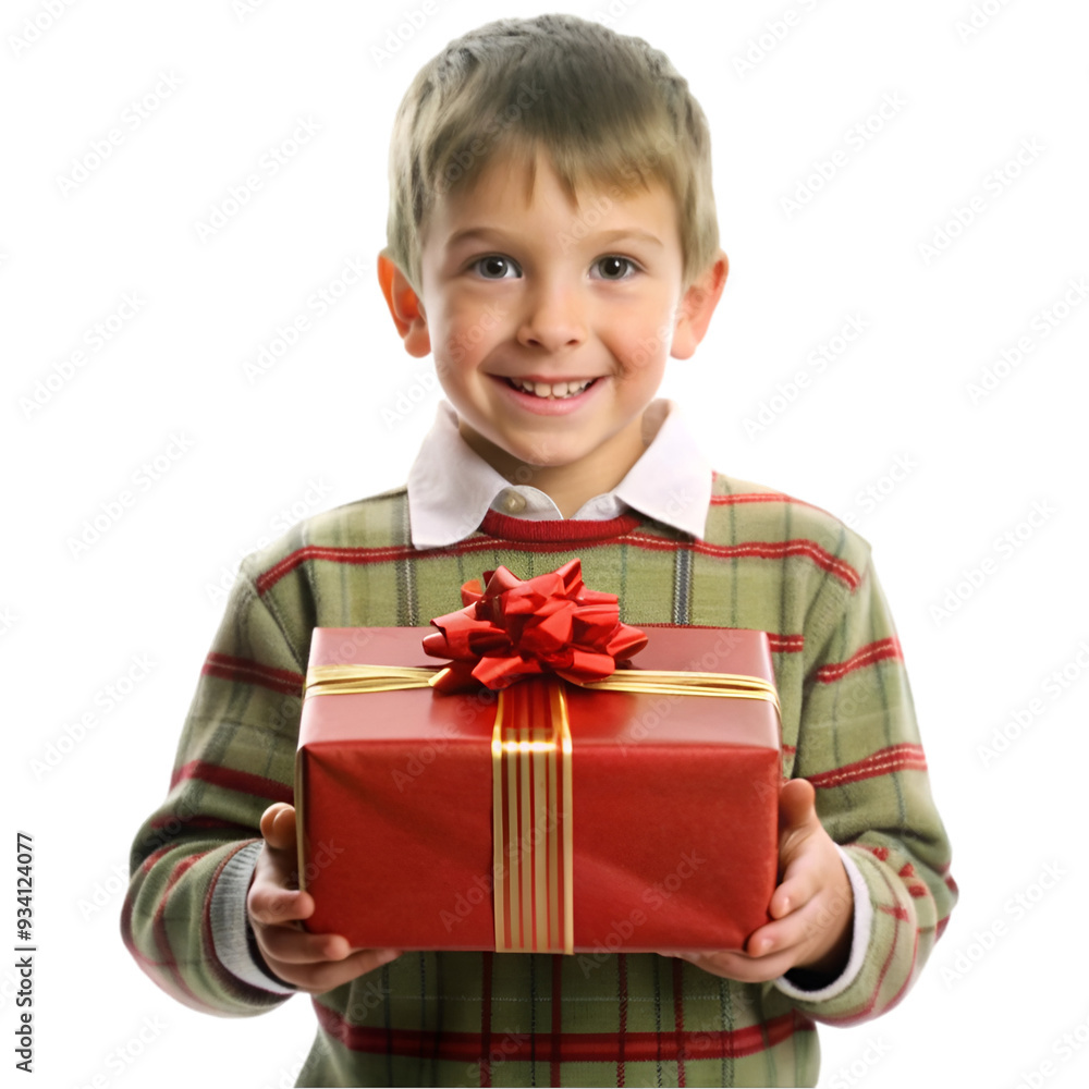 Happy child in red sweater and Santa hat holding Christmas present Happy child in red sweater and Santa hat holding Christmas present
