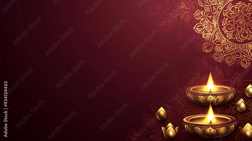 Five golden diyas burning on dark red background. Five golden diyas burning on dark red background.