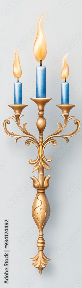 A gold candelabra with three blue candles A gold candelabra with three blue candles