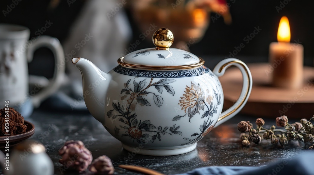 Elegant Porcelain Teapot with Floral Design and Gold Accents - A classic porcelain teapot with a delicate floral design and gold accents, symbolizing elegance, tradition, warmth, and the art of tea ma Elegant Porcelain Teapot with Floral Design and Gold Accents - A classic porcelain teapot with a delicate floral design and gold accents, symbolizing elegance, tradition, warmth, and the art of tea ma