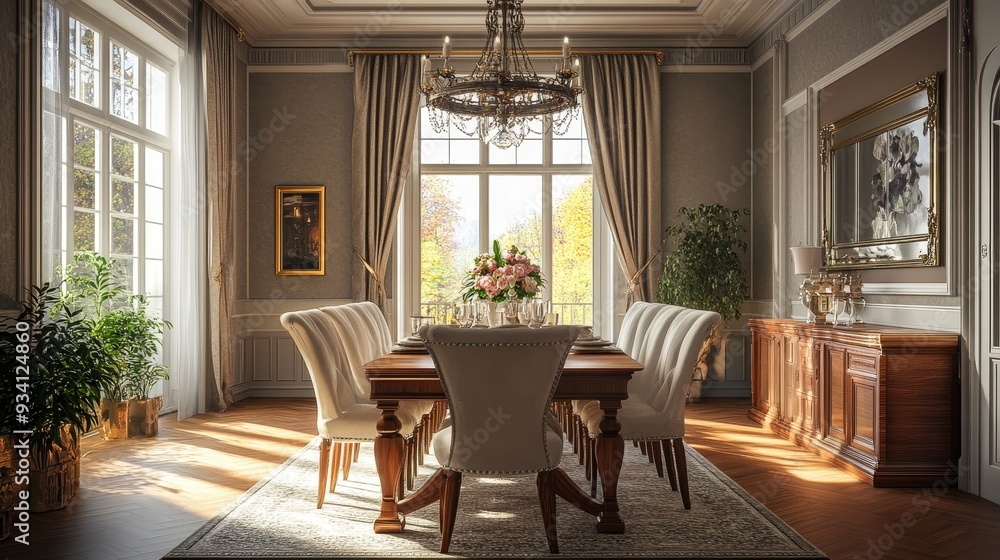 Elegant Dining Room with Sunlight Streaming Through Large Windows - This image captures the essence of refined dining, showcasing a beautifully appointed dining room bathed in warm sunlight. A large, Elegant Dining Room with Sunlight Streaming Through Large Windows - This image captures the essence of refined dining, showcasing a beautifully appointed dining room bathed in warm sunlight. A large,