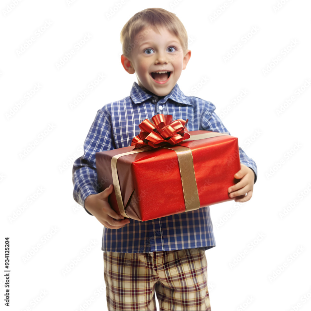 Happy child in red sweater and Santa hat holding Christmas present Happy child in red sweater and Santa hat holding Christmas present