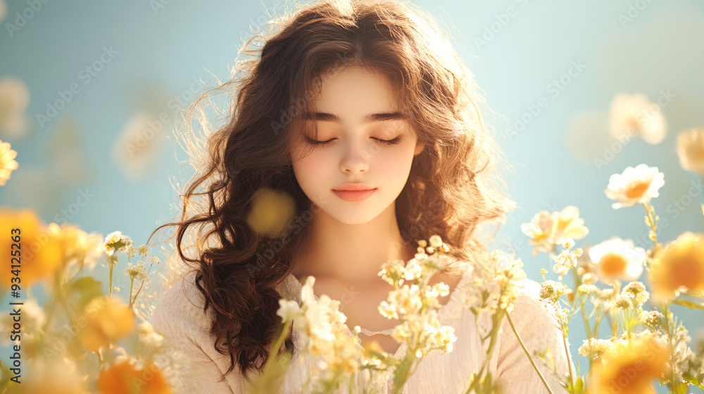 A woman with long brown hair is sitting in a field of yellow flowers. She is looking at the camera with a peaceful expression on her face. Concept of calm and serenity A woman with long brown hair is sitting in a field of yellow flowers. She is looking at the camera with a peaceful expression on her face. Concept of calm and serenity