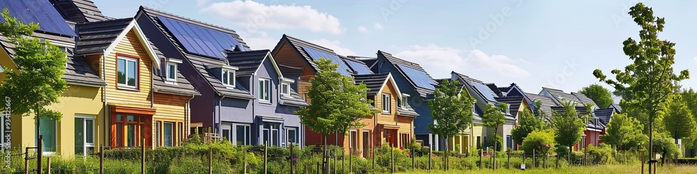 New beautiful suburban houses with solar panels on the roof New beautiful suburban houses with solar panels on the roof