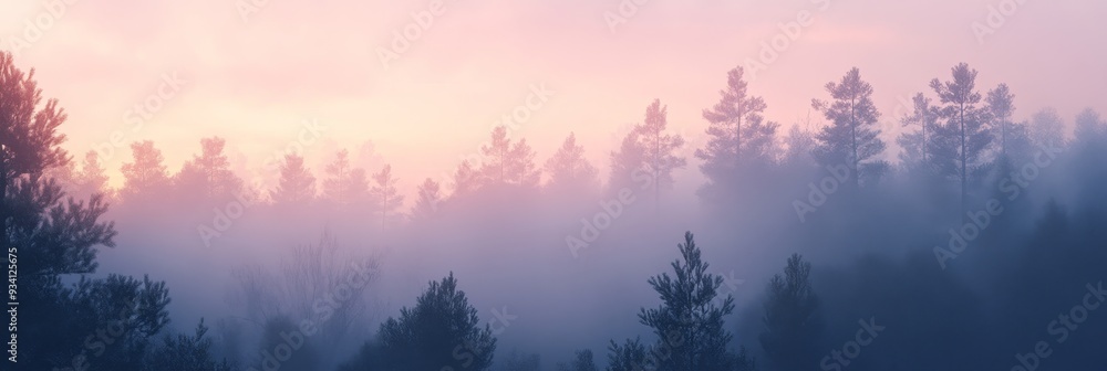 Fototapeta premium Enchanting Foggy Forest Sunrise - A serene and ethereal landscape showcasing the beauty of a forest bathed in the soft glow of sunrise with mist swirling around the trees, symbolizing tranquility, mys