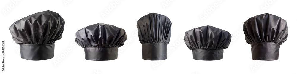Set of black chef hats in various sizes, isolated on transparent background, culinary professional attire, PNG file Set of black chef hats in various sizes, isolated on transparent background, culinary professional attire, PNG file