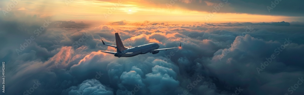 A commercial airplane soars through colorful clouds during a dramatic sunset, capturing the beauty and adventure of air travel. With copy space for text. Wide web banner. A commercial airplane soars through colorful clouds during a dramatic sunset, capturing the beauty and adventure of air travel. With copy space for text. Wide web banner.