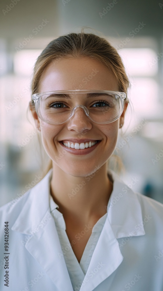Fototapeta premium A portrait of a smiling medical laboratory technician wearing a lab coat and safety goggles, standing confidently in a bright lab environment, with a light solid color background