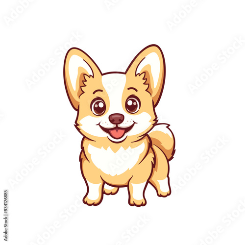 Corgi on white background. Cute smiling dog character. Vector flat illustration with outline.