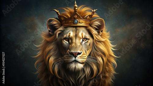 Majestic lion's head adorned with a regal gold crown, symbolizing power and royalty, set against a rich, dark background with subtle texture and depth. photo