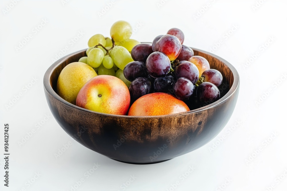 Fresh Fruit Bowl with Grapes, Peaches, and Mangoes - A wooden bowl filled with vibrant fruits, including green grapes, red grapes, a peach, and a mango, representing freshness, health, and natural goo Fresh Fruit Bowl with Grapes, Peaches, and Mangoes - A wooden bowl filled with vibrant fruits, including green grapes, red grapes, a peach, and a mango, representing freshness, health, and natural goo