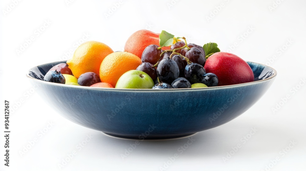 Fresh Fruit Salad in a Blue Bowl on White Background - A blue ceramic bowl overflowing with a colorful fruit salad, symbolizing freshness, abundance, health, and a delicious treat. The white backgroun Fresh Fruit Salad in a Blue Bowl on White Background - A blue ceramic bowl overflowing with a colorful fruit salad, symbolizing freshness, abundance, health, and a delicious treat. The white backgroun