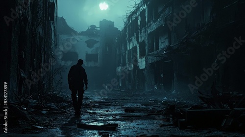 A moody and atmospheric shot from a zombie movie, with a lone zombie wandering through an abandoned city at night