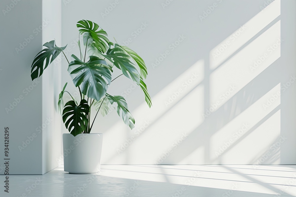 Minimalistic white room wall with a pot with monstera plant, shadow overlay Minimalistic white room wall with a pot with monstera plant, shadow overlay