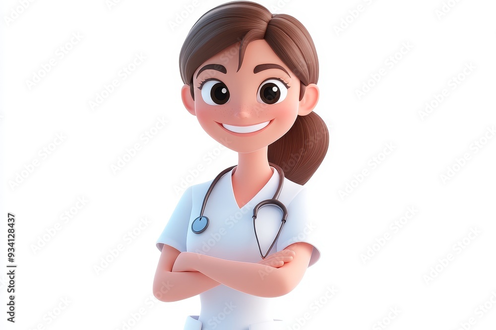 Friendly Female Doctor Cartoon Character 3D - A smiling female doctor cartoon character with brown hair, wearing a white coat and stethoscope, standing with arms crossed. This 3D image represents he Friendly Female Doctor Cartoon Character 3D - A smiling female doctor cartoon character with brown hair, wearing a white coat and stethoscope, standing with arms crossed. This 3D image represents he