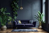 Modern lounge: blue-gray walls, dark purple couch, plants, golden details, modern glamour style